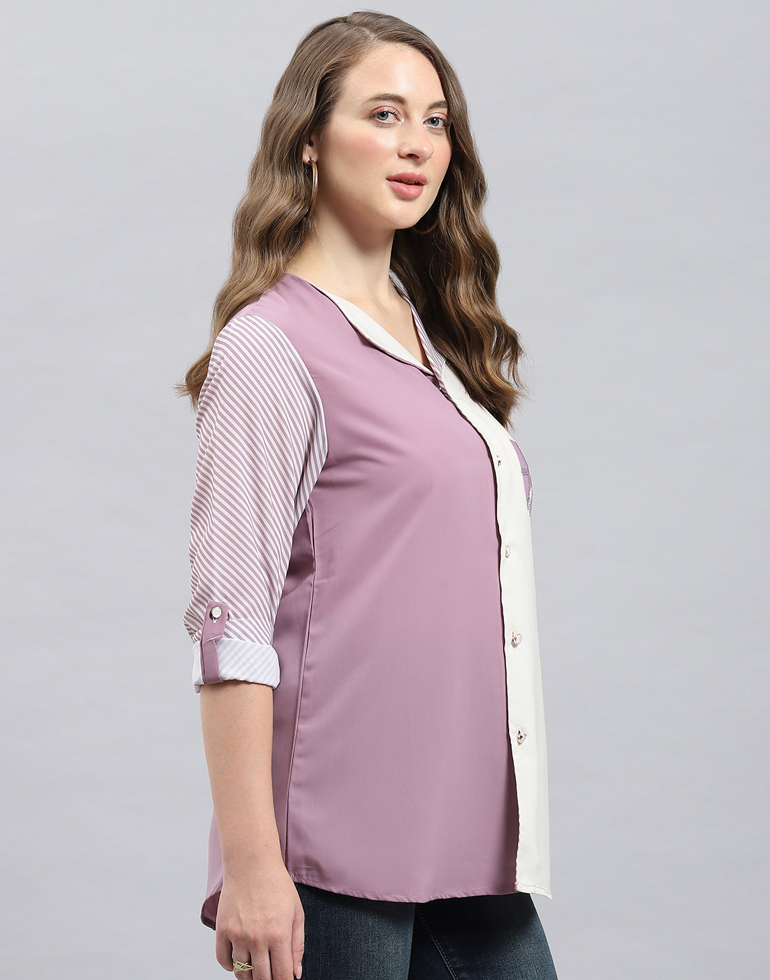 Women Purple Stripe Collar 3/4th Sleeve Top