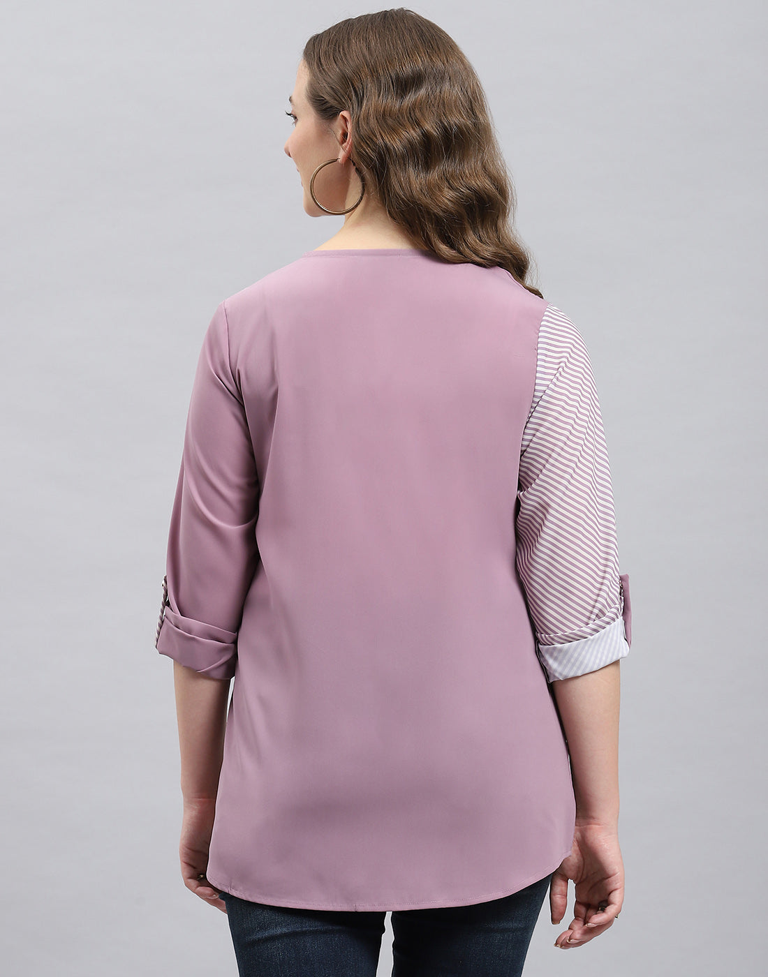 Women Purple Stripe Collar 3/4th Sleeve Top