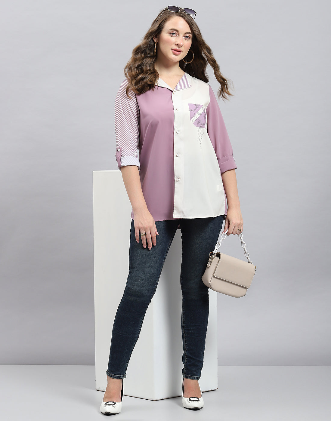 Women Purple Stripe Collar 3/4th Sleeve Top