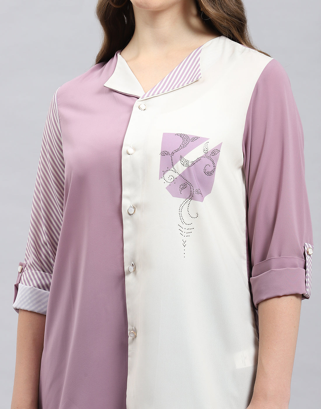 Women Purple Stripe Collar 3/4th Sleeve Top