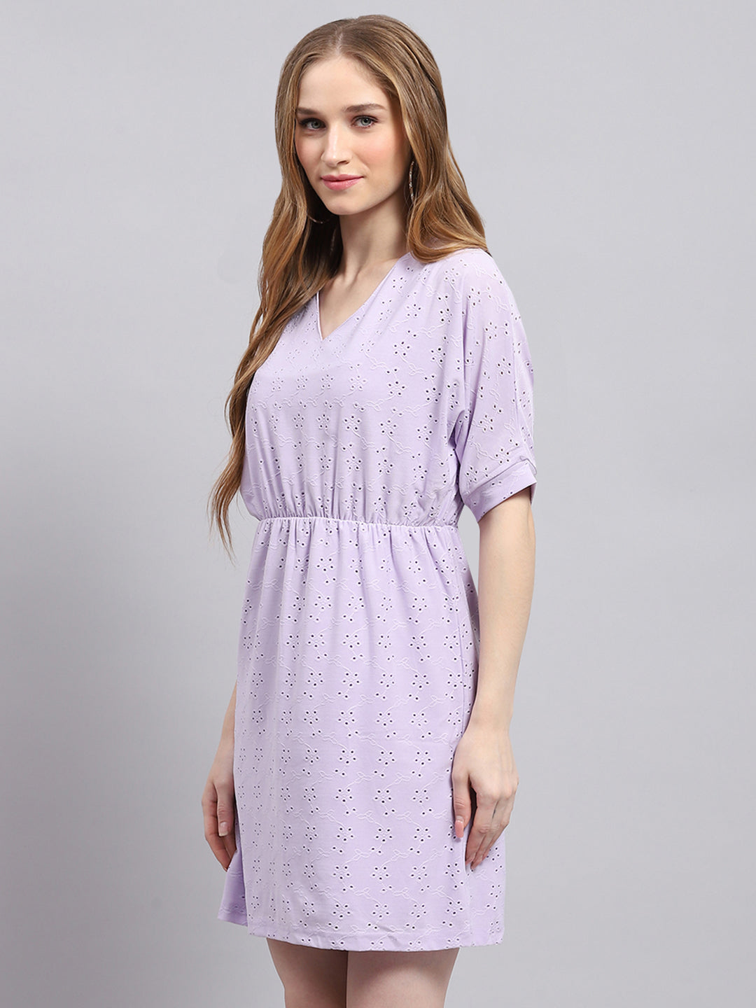 Women Purple Self Design V Neck Half Sleeve Tunic