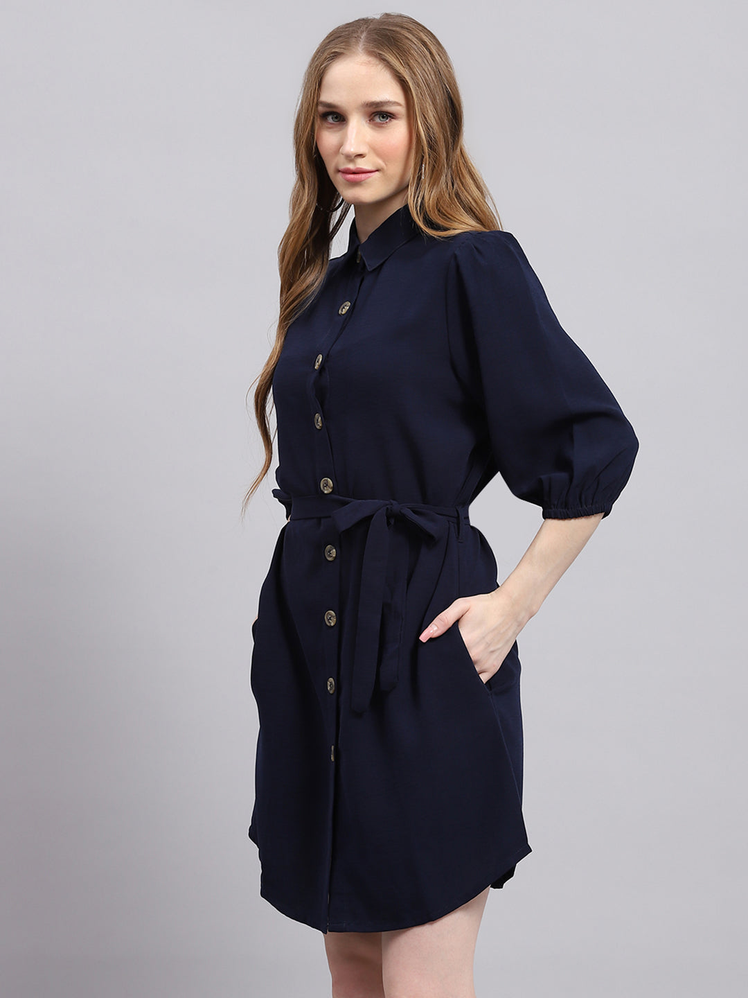 Women Navy Blue Solid Collar 3/4th Sleeve Dress