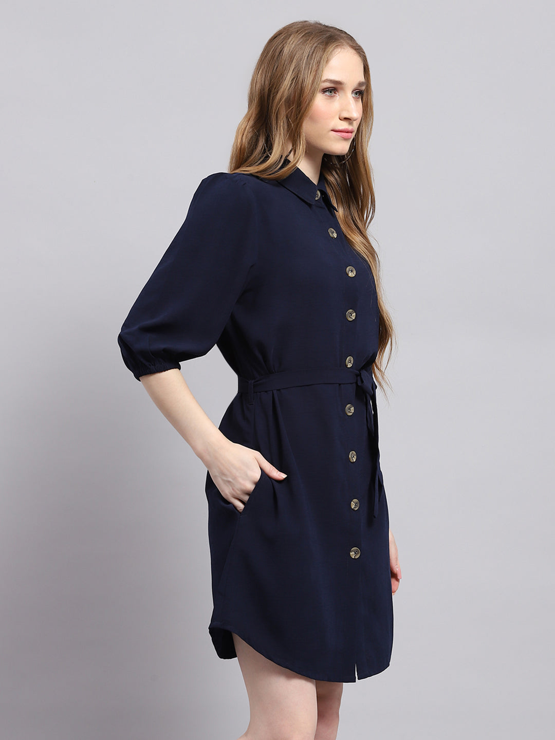 Women Navy Blue Solid Collar 3/4th Sleeve Dress