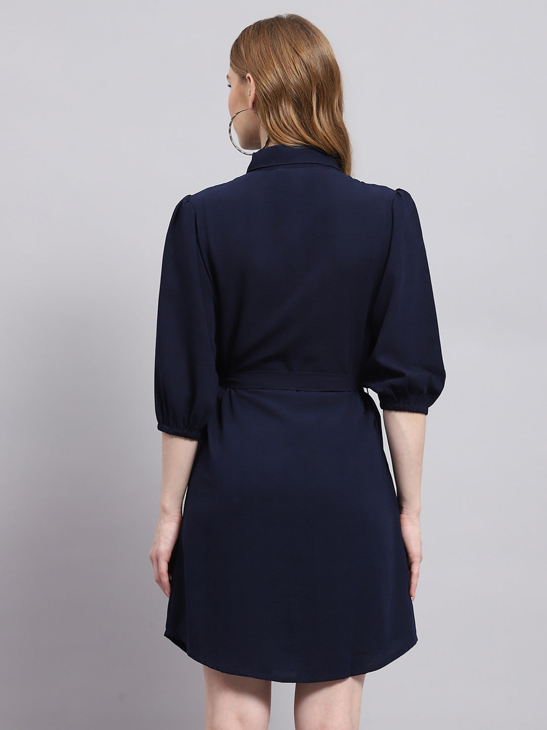Women Navy Blue Solid Collar 3/4th Sleeve Dress
