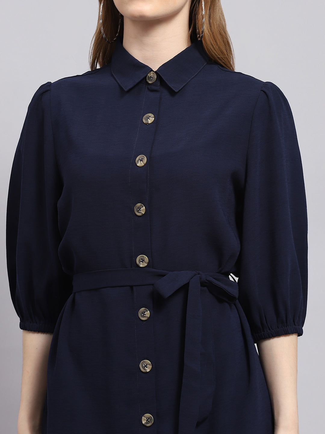 Women Navy Blue Solid Collar 3/4th Sleeve Dress
