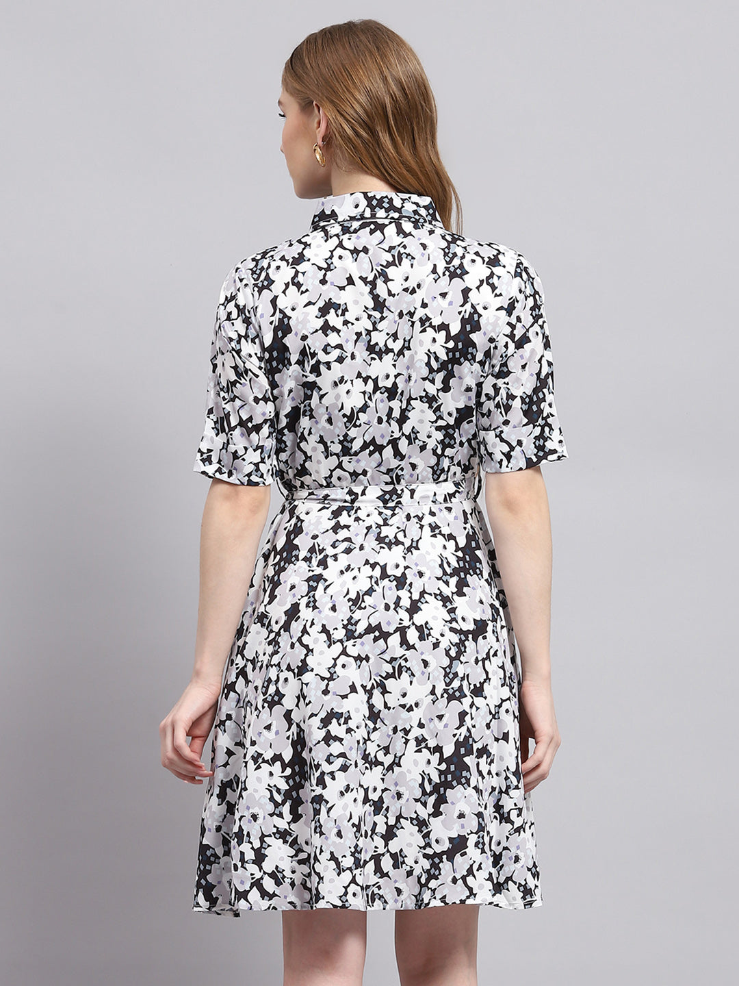 Women White Printed Collar Half Sleeve Dress