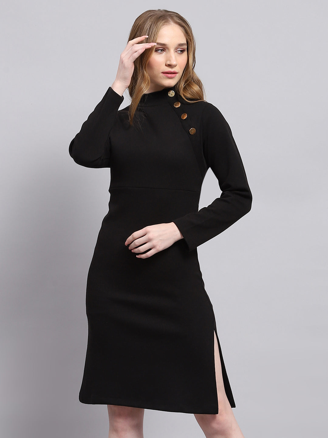 Women Black Solid Mock Neck Full Sleeve Dress - Main Image