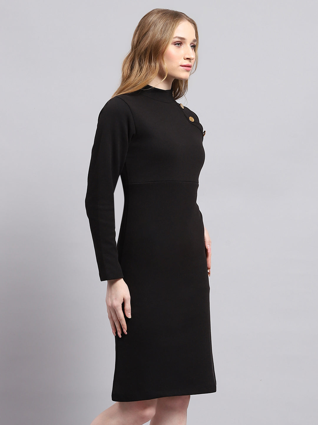 Women Black Solid Mock Neck Full Sleeve Dress