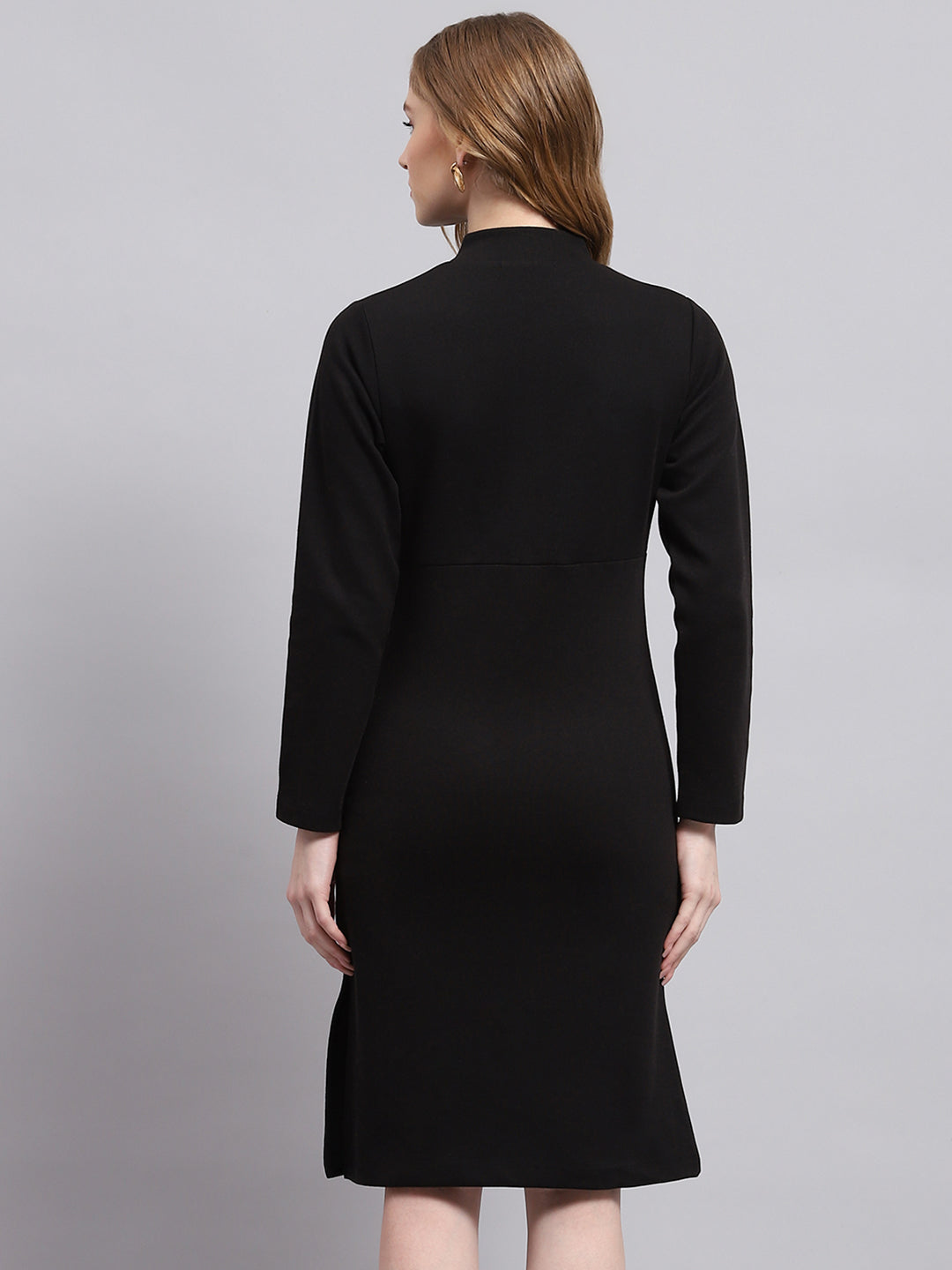Women Black Solid Mock Neck Full Sleeve Dress