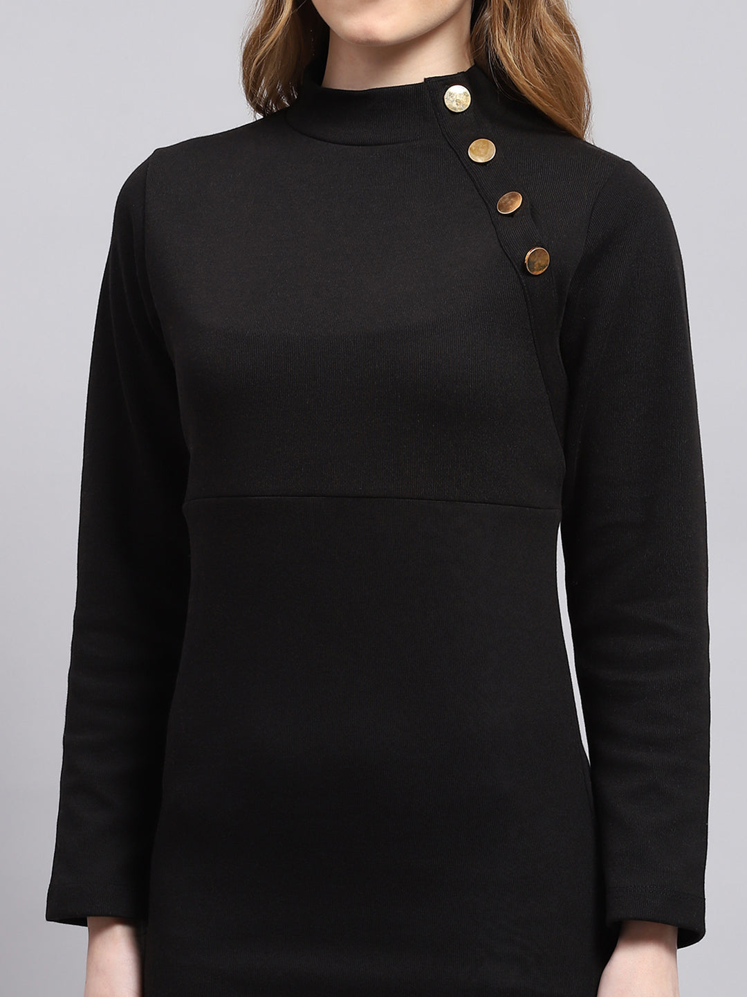 Women Black Solid Mock Neck Full Sleeve Dress