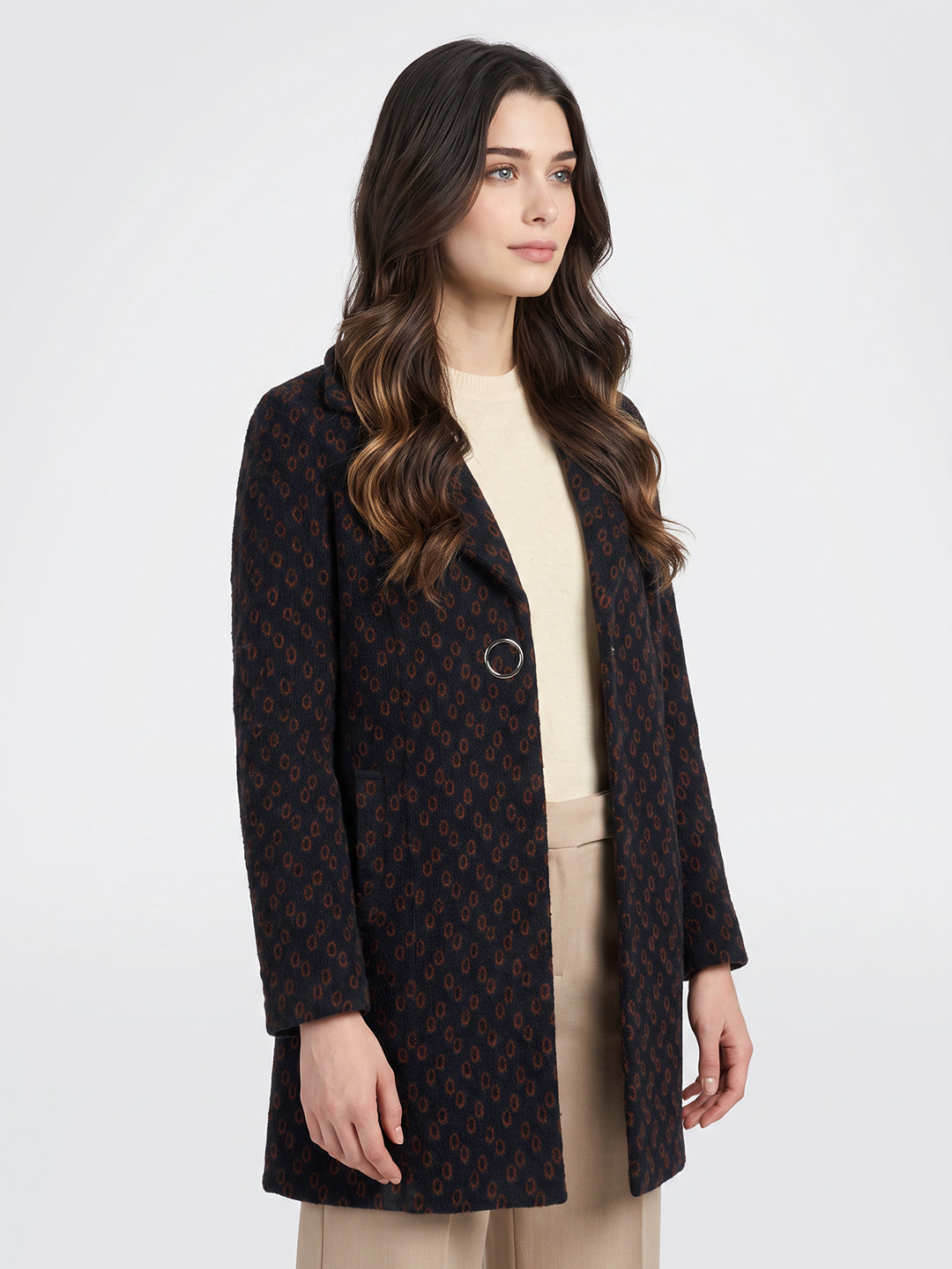 Women Blue Jacquard Lapel Collar Full Sleeve Long Coat