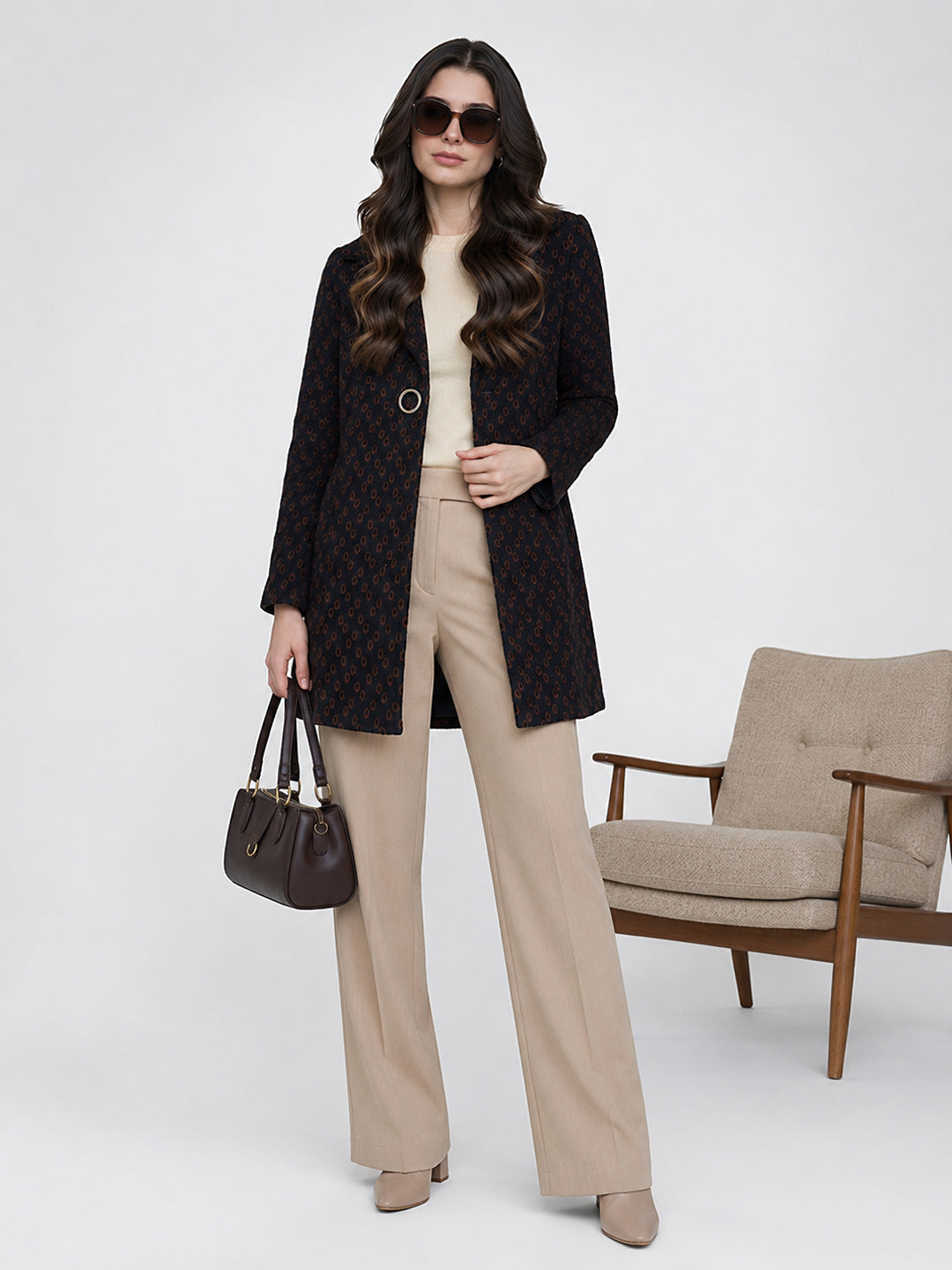 Women Blue Jacquard Lapel Collar Full Sleeve Long Coat