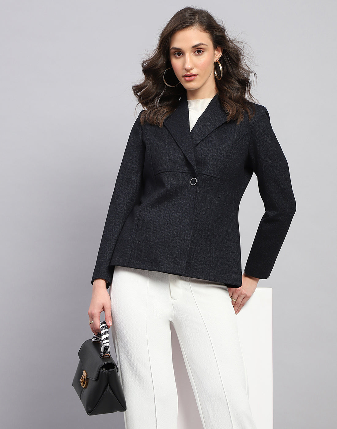 Women Navy Blue Solid Notch Lapel Collar Full Sleeve Coat