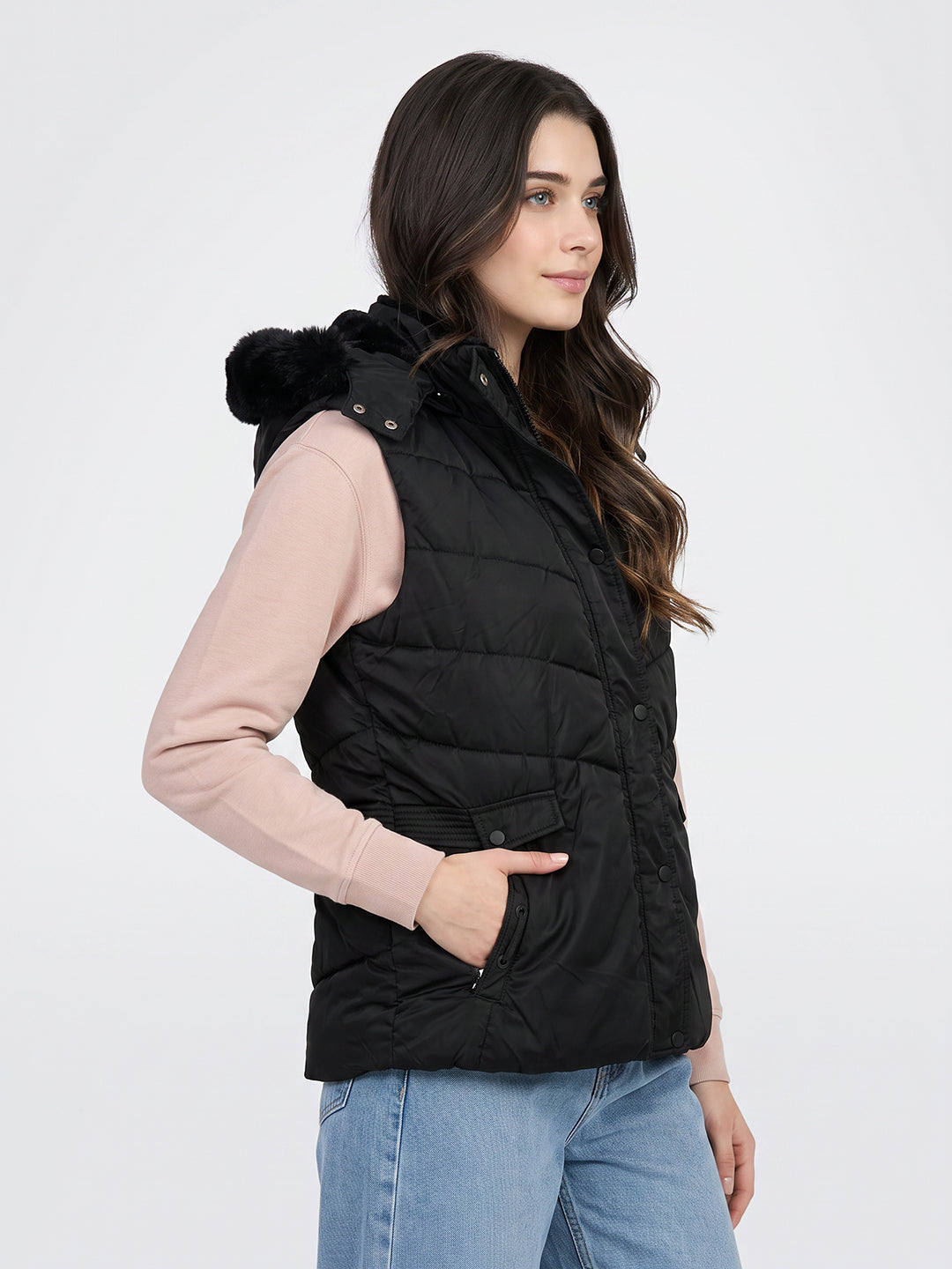 Women Black Solid Detachable Hood Sleeveless Parka Jacket