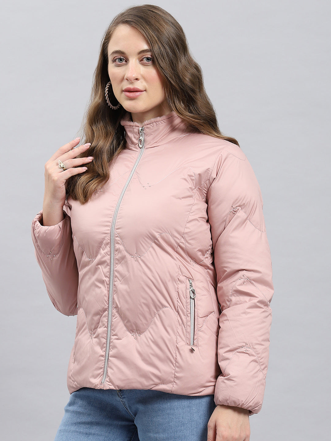 Women Peach Self Design Mock Neck Full Sleeve Jacket