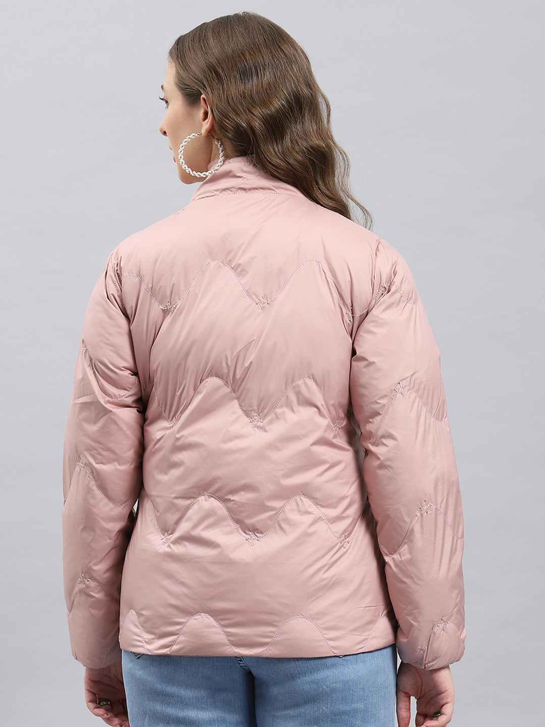 Women Peach Self Design Mock Neck Full Sleeve Jacket