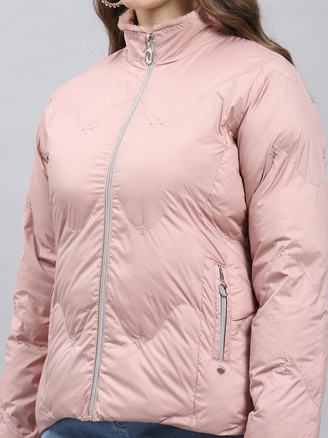 Women Peach Self Design Mock Neck Full Sleeve Jacket