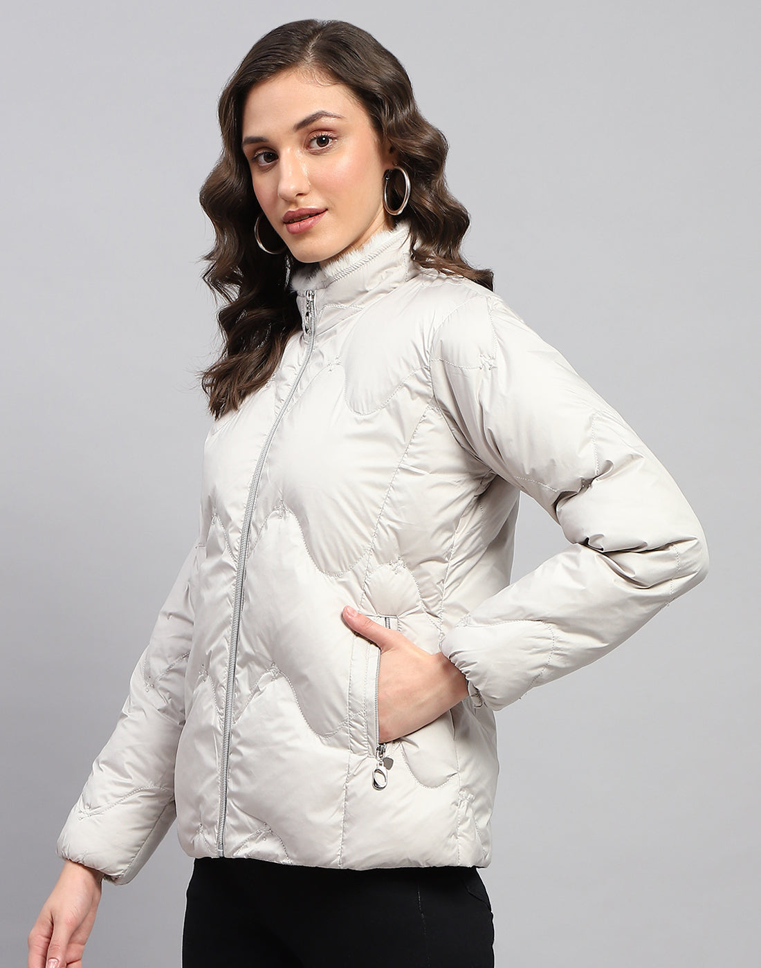 Women Grey Solid Mock Neck Full Sleeve Jacket