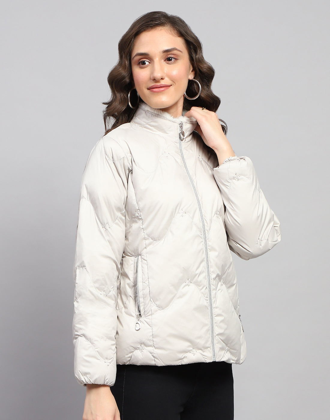 Women Grey Solid Mock Neck Full Sleeve Jacket