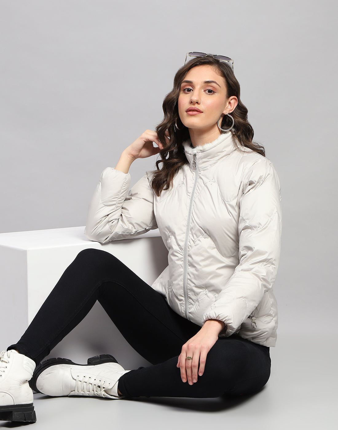 Women Grey Solid Mock Neck Full Sleeve Jacket