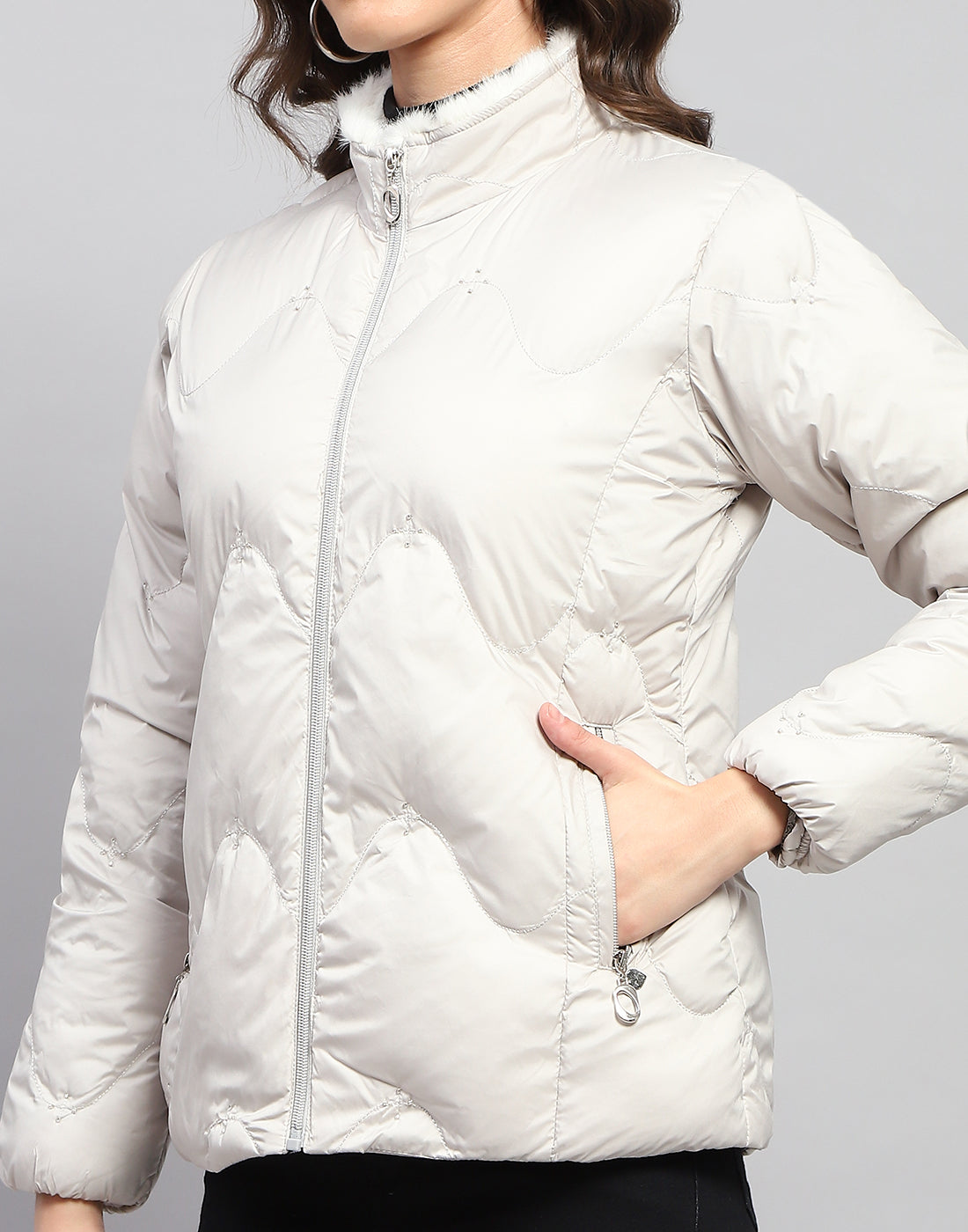 Women Grey Solid Mock Neck Full Sleeve Jacket