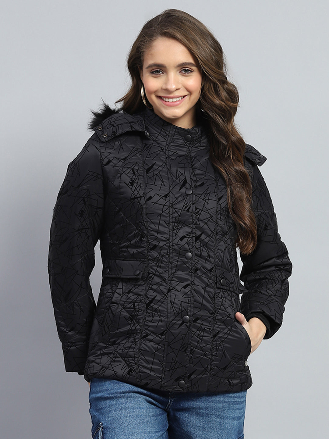 Women Black Solid Hooded Full Sleeve Jacket