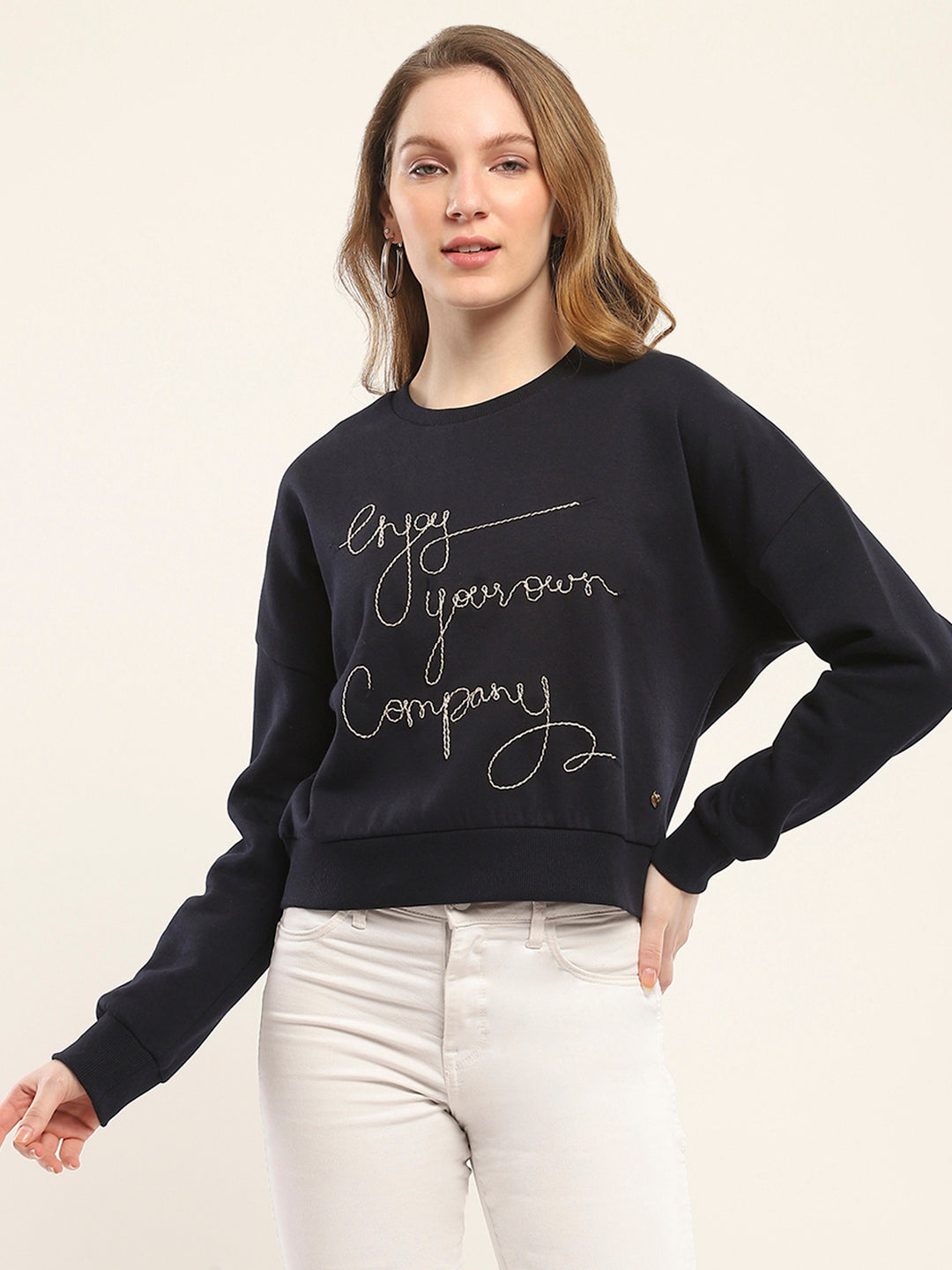 Women Navy Blue Embroidered Round Neck Full Sleeve Sweatshirt