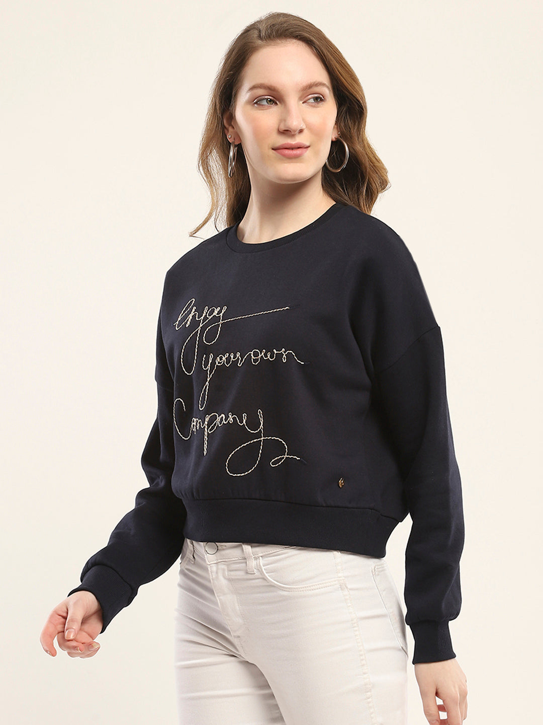 Women Navy Blue Embroidered Round Neck Full Sleeve Sweatshirt
