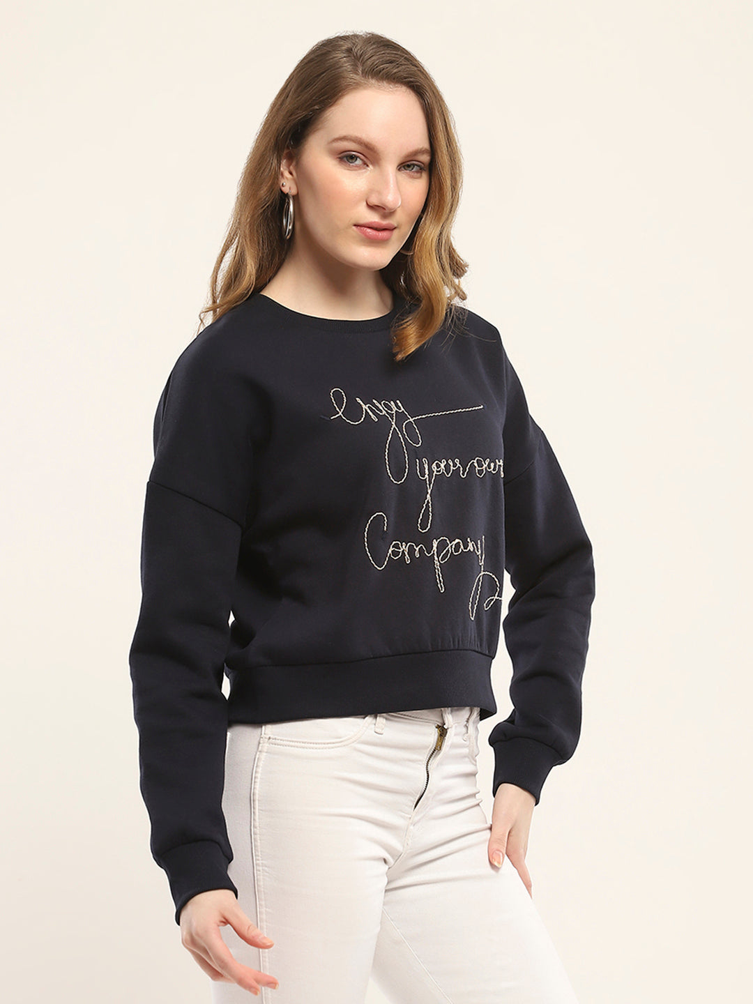 Women Navy Blue Embroidered Round Neck Full Sleeve Sweatshirt