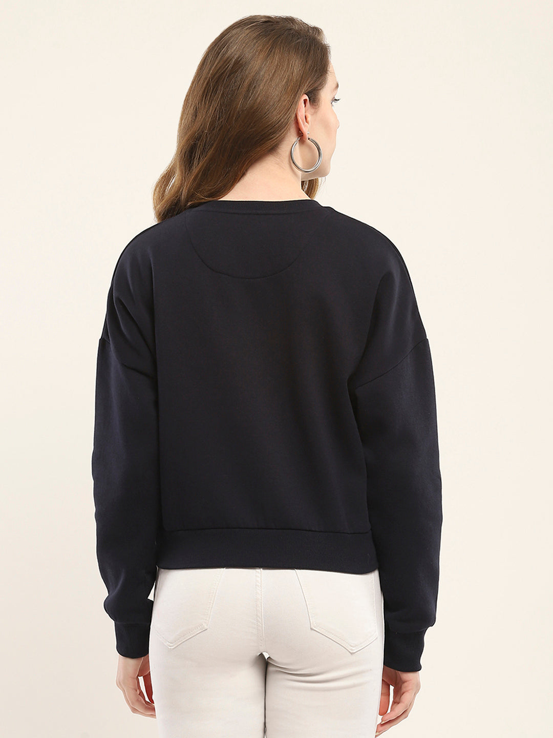 Women Navy Blue Embroidered Round Neck Full Sleeve Sweatshirt