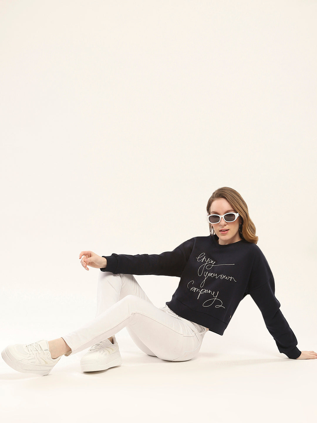 Women Navy Blue Embroidered Round Neck Full Sleeve Sweatshirt