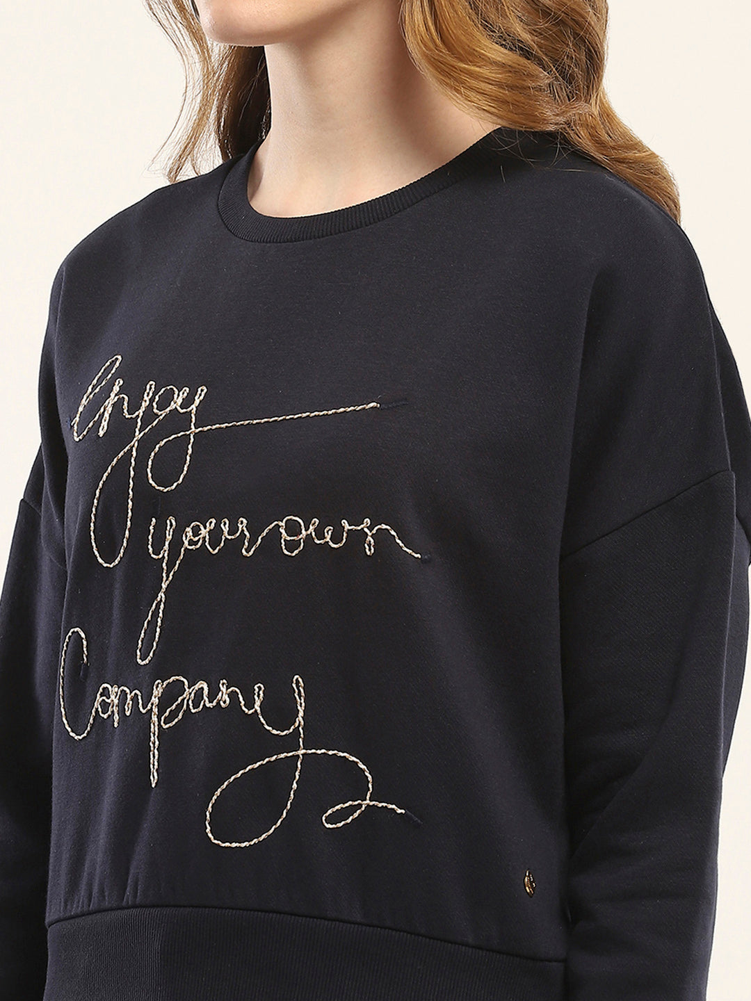 Women Navy Blue Embroidered Round Neck Full Sleeve Sweatshirt