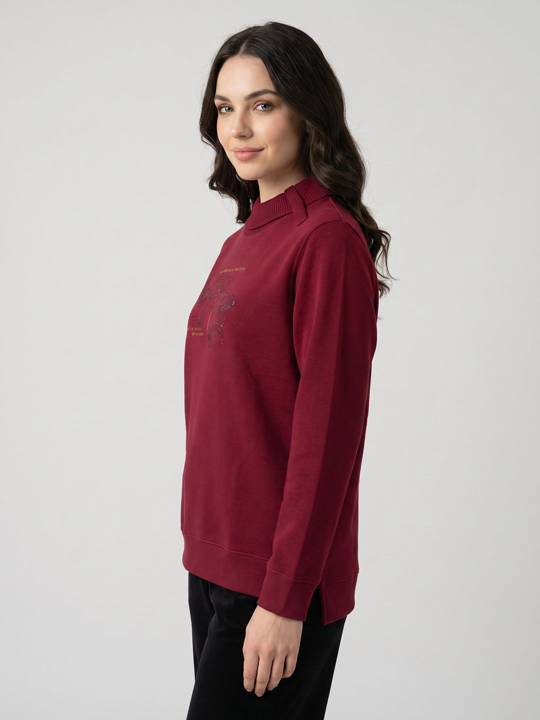 Women Maroon Printed Turtle Neck Full Sleeve Sweatshirt
