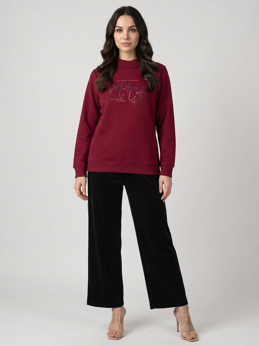 Women Maroon Printed Turtle Neck Full Sleeve Sweatshirt
