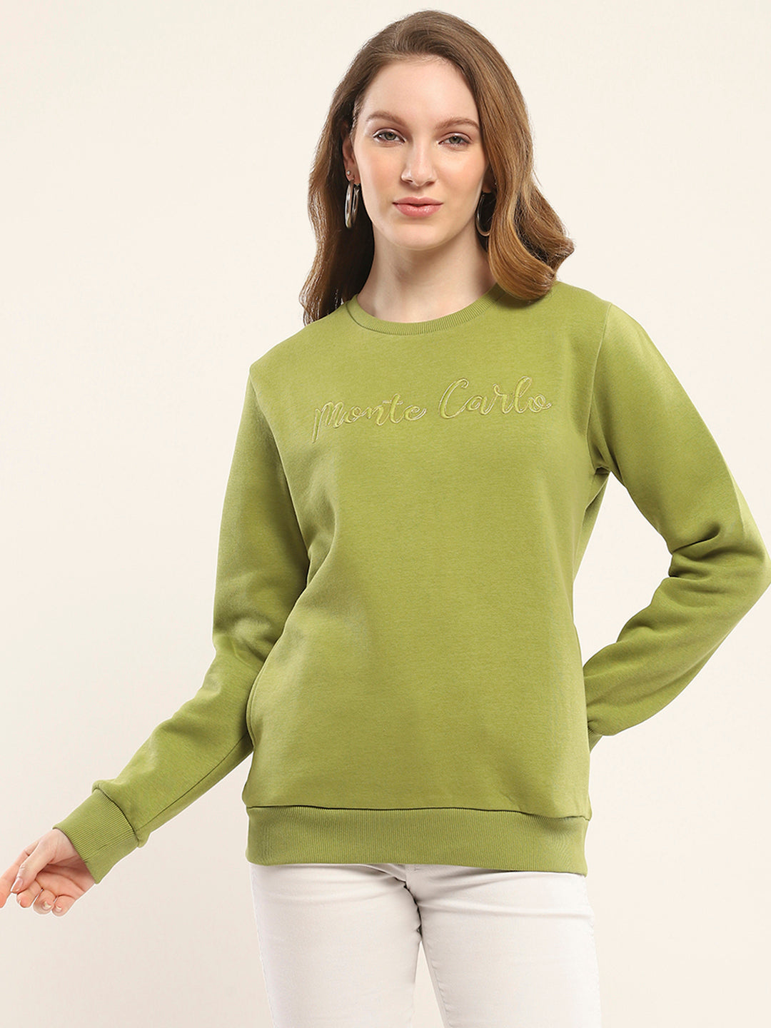Women Olive Embroidered Round Neck Full Sleeve Sweatshirt