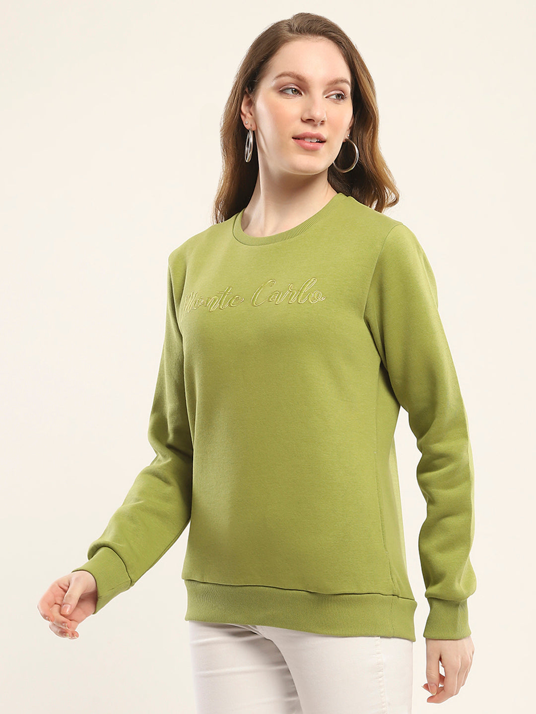 Women Olive Embroidered Round Neck Full Sleeve Sweatshirt