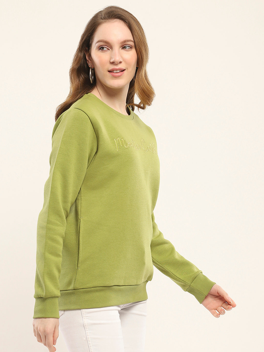Women Olive Embroidered Round Neck Full Sleeve Sweatshirt