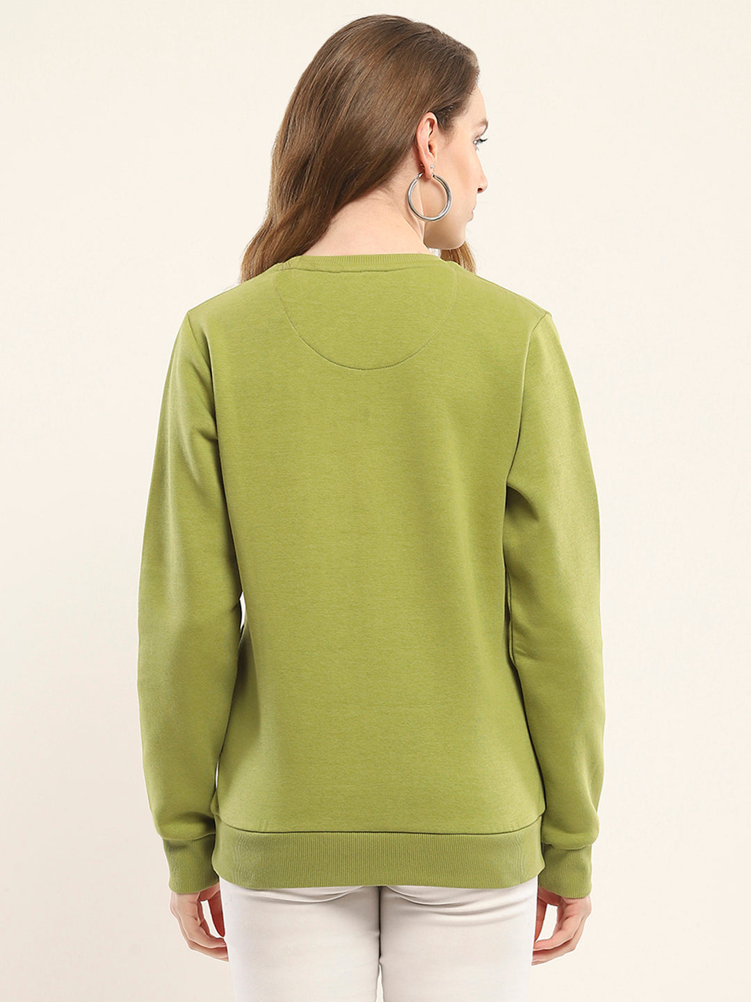 Women Olive Embroidered Round Neck Full Sleeve Sweatshirt