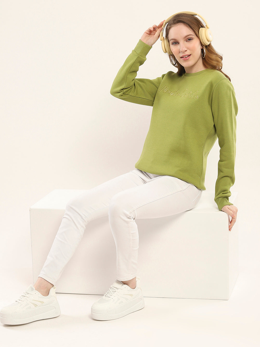 Women Olive Embroidered Round Neck Full Sleeve Sweatshirt