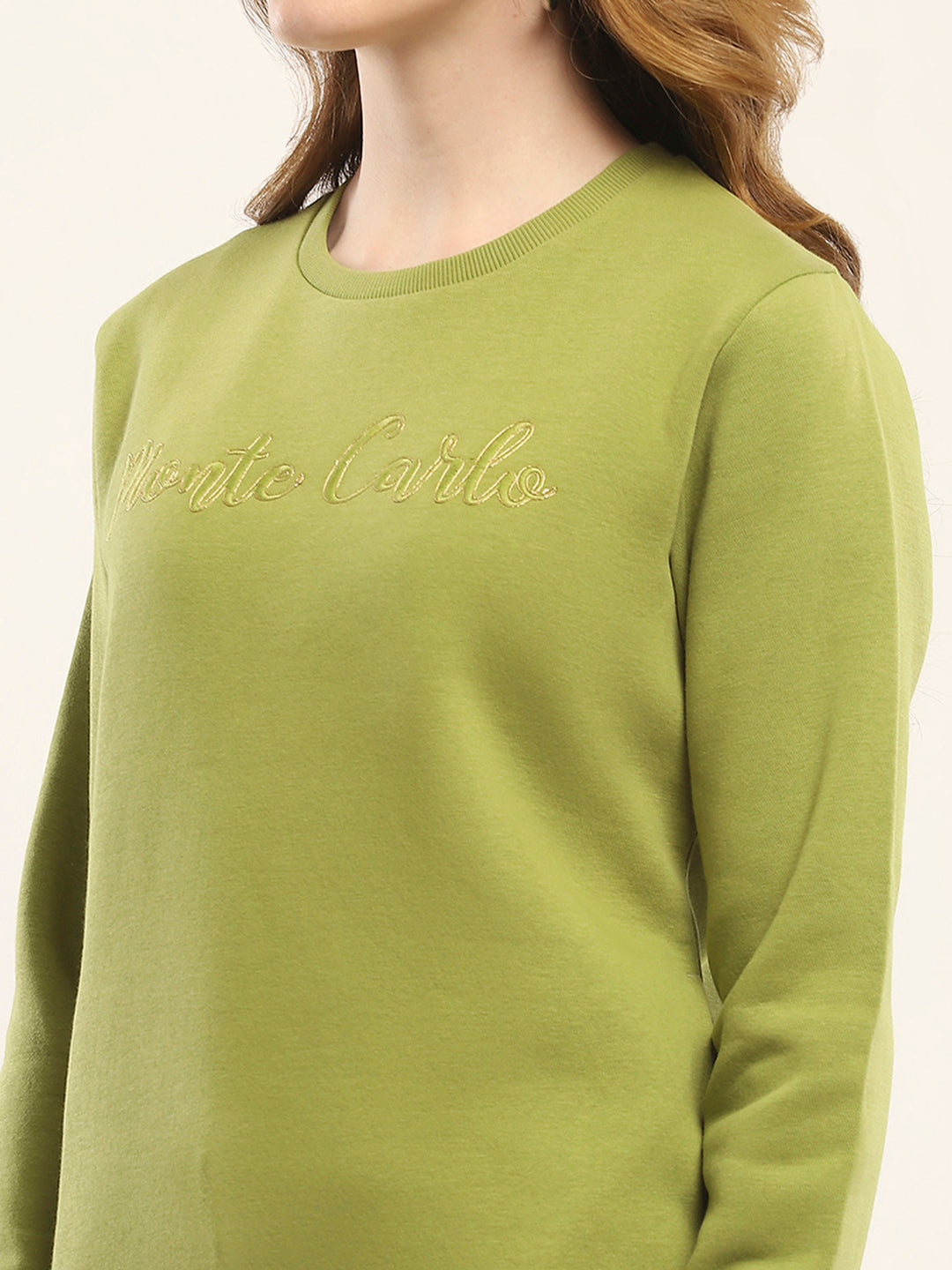 Women Olive Embroidered Round Neck Full Sleeve Sweatshirt