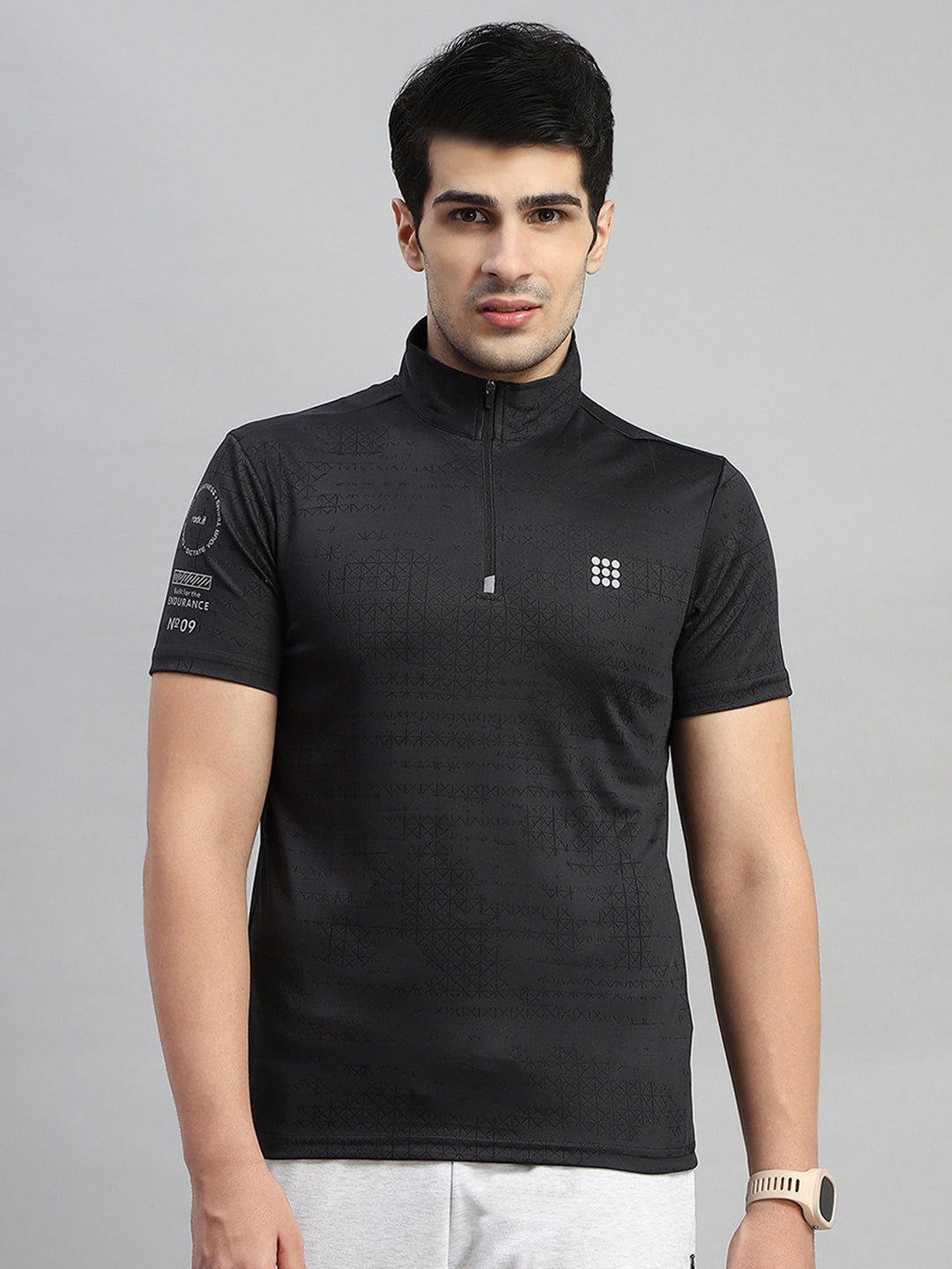 Buy Men Black Self Design Collar Half Sleeve T-Shirt Online in