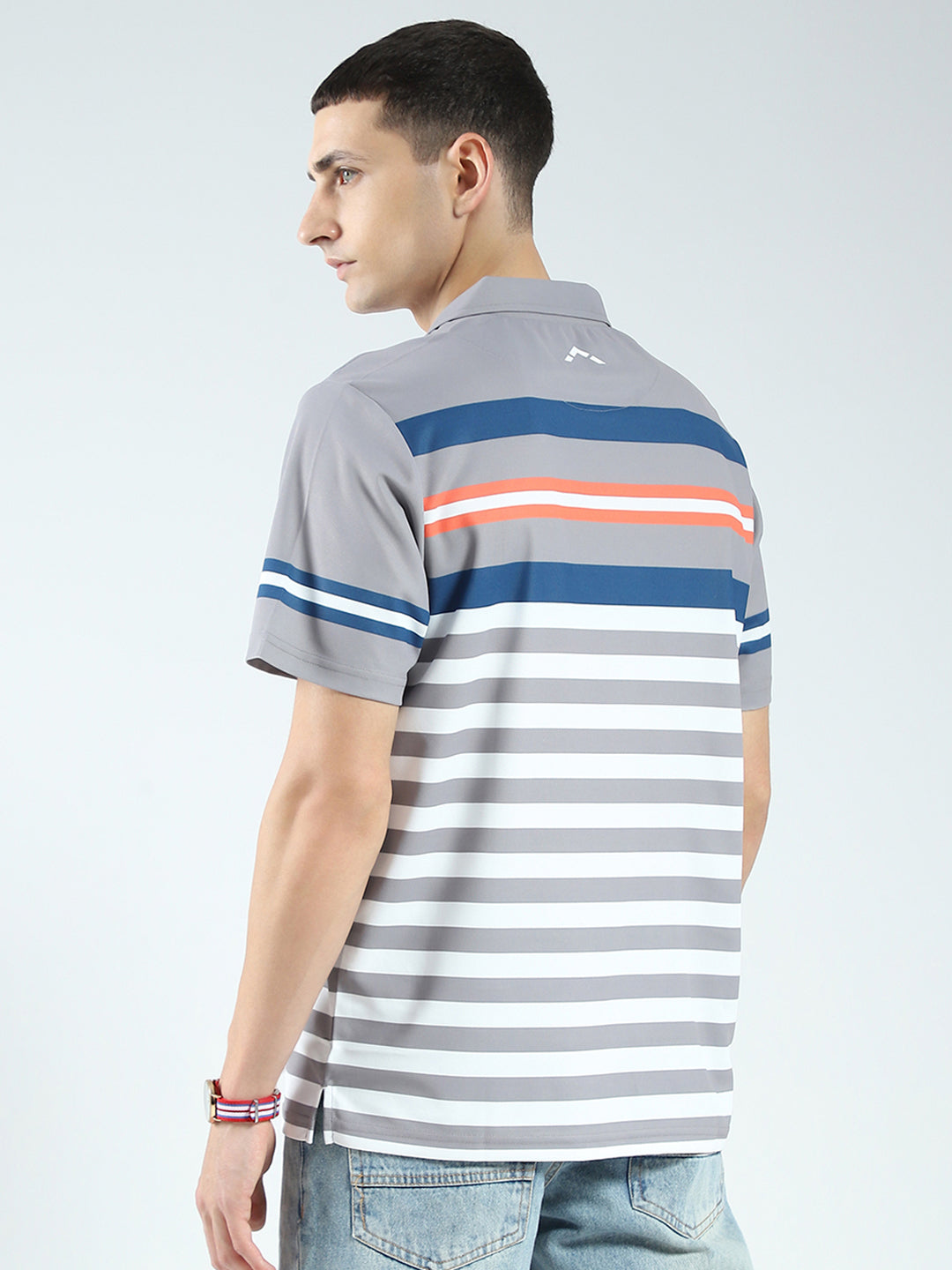 Rock.it Men Grey Stripe Collar Half Sleeve T-Shirt