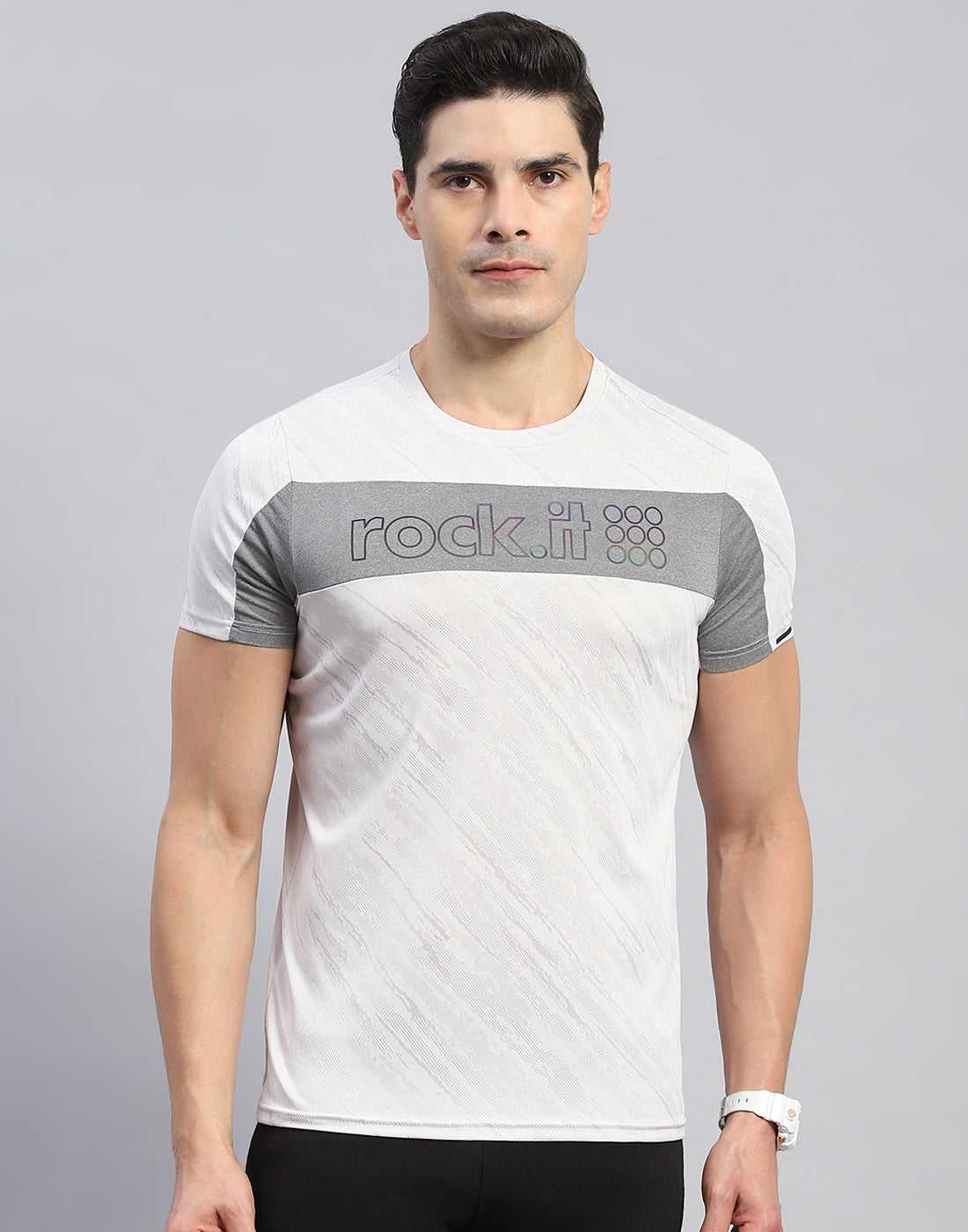 Rock.it Men Grey Self Design Round Neck Half Sleeve T-Shirt