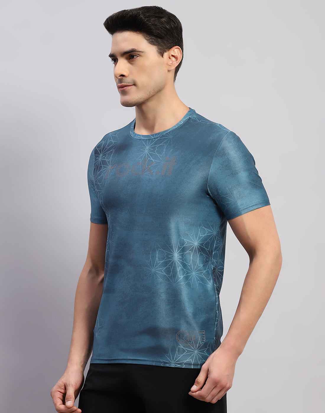 Rock.it Men Teal Blue Printed Round Neck Half Sleeve T-Shirt