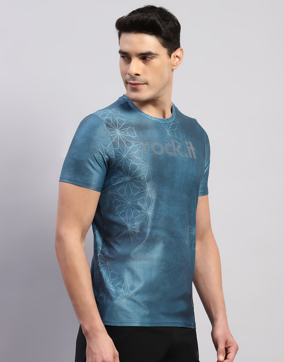 Rock.it Men Teal Blue Printed Round Neck Half Sleeve T-Shirt