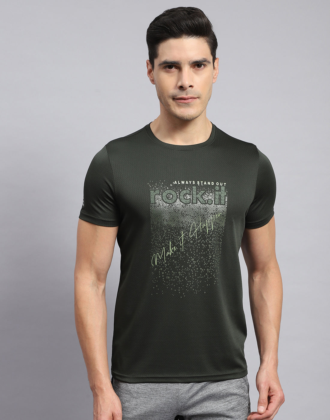 Rock.it Men Olive Self Design Round Neck Half Sleeve T-Shirt