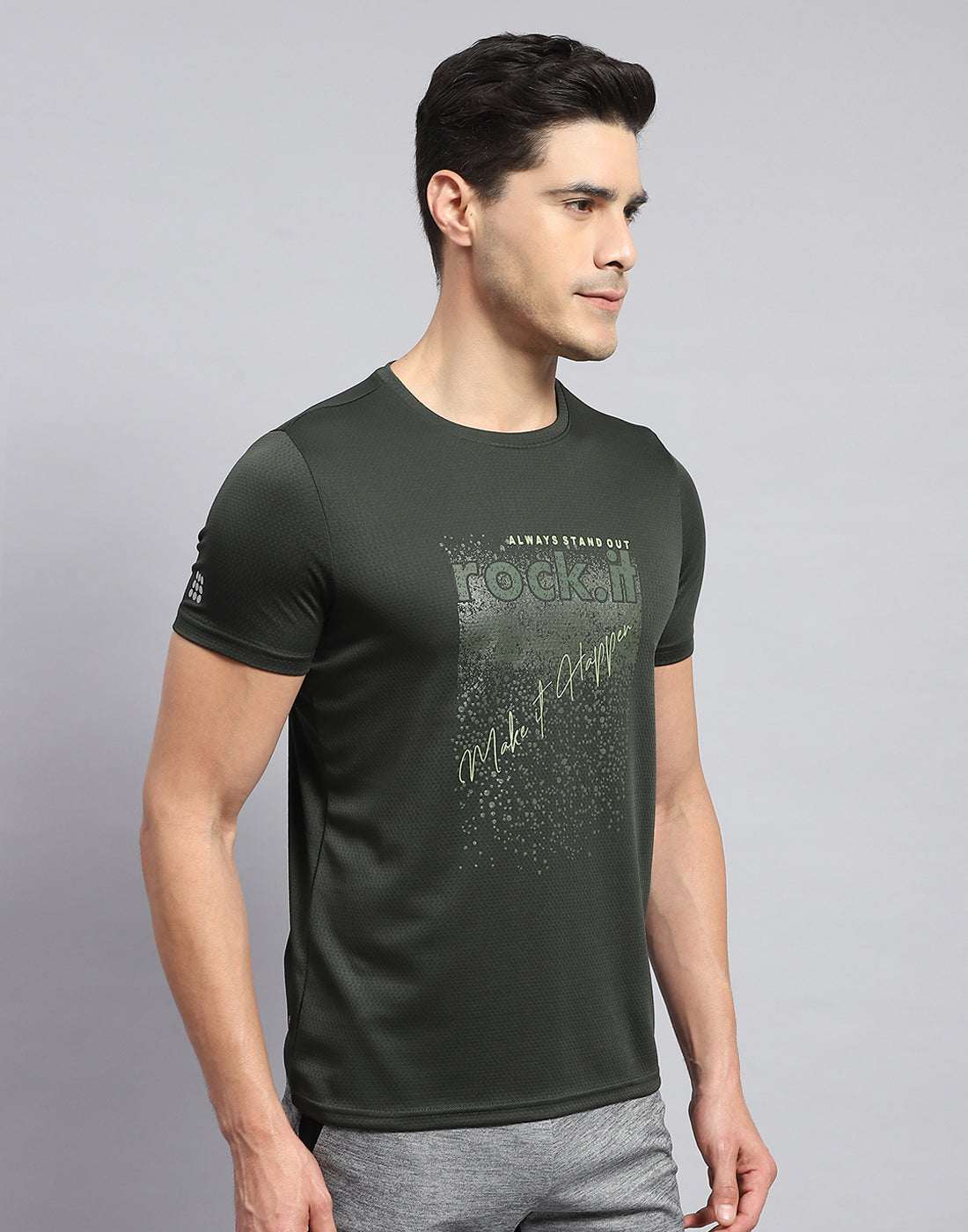 Rock.it Men Olive Self Design Round Neck Half Sleeve T-Shirt