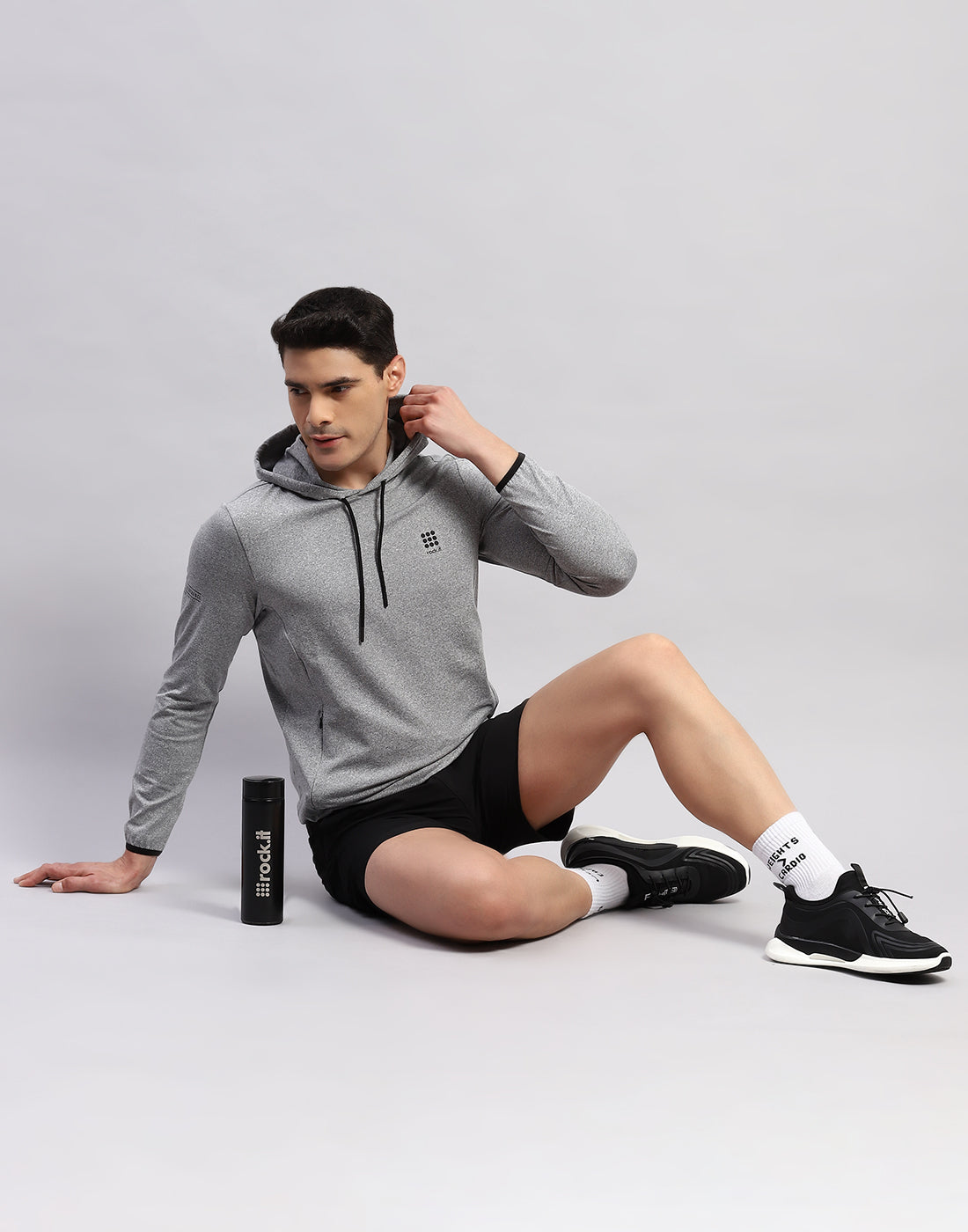 Rock.it Men Grey Solid Hooded Full Sleeve T-Shirt