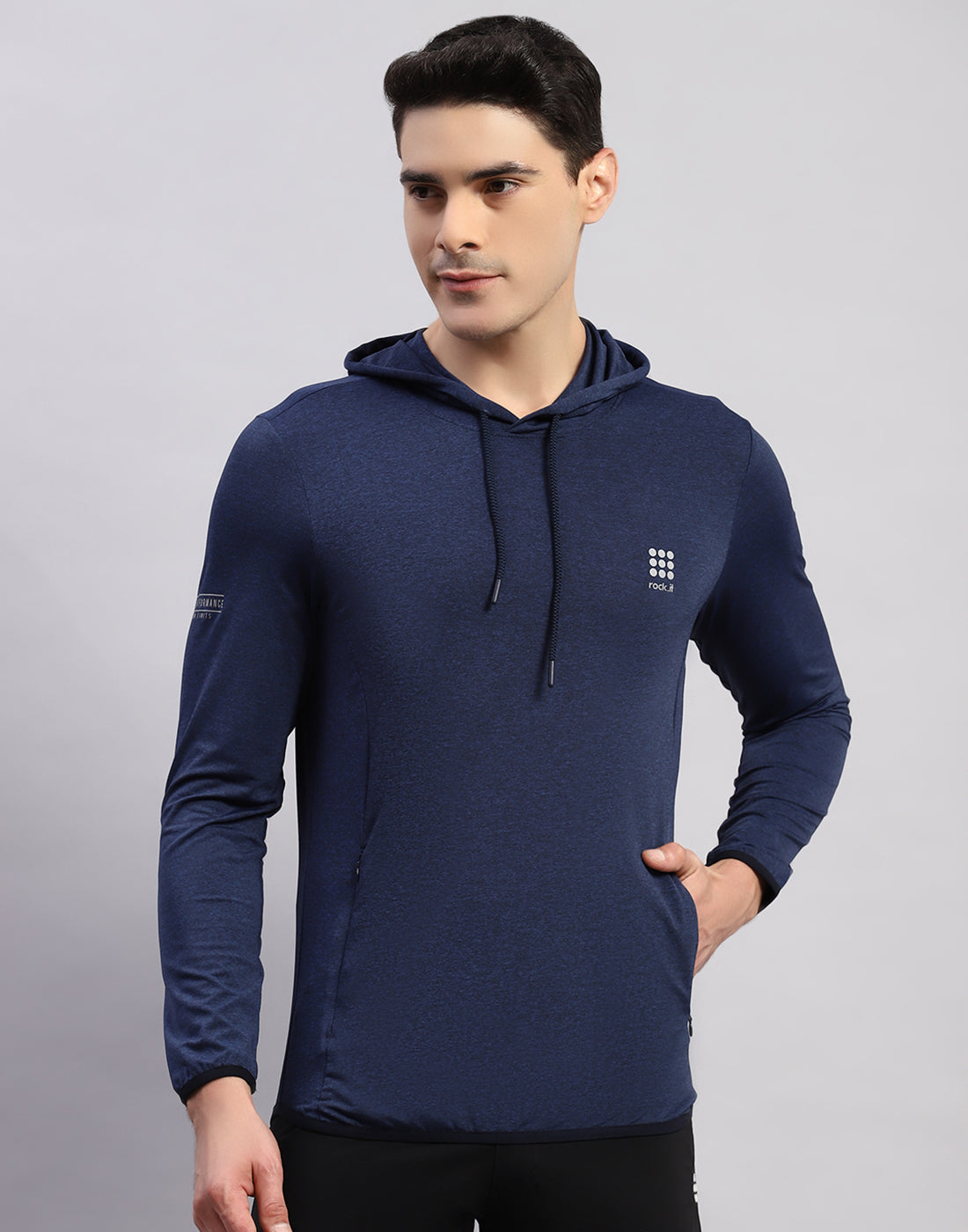 Rock.it Men Navy Blue Solid Hooded Full Sleeve T-Shirt