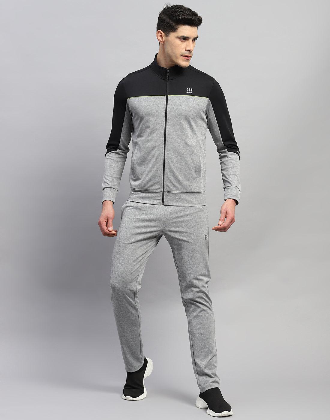 Rock.it Men Grey Melange Solid Round Neck Full Sleeve Tracksuit